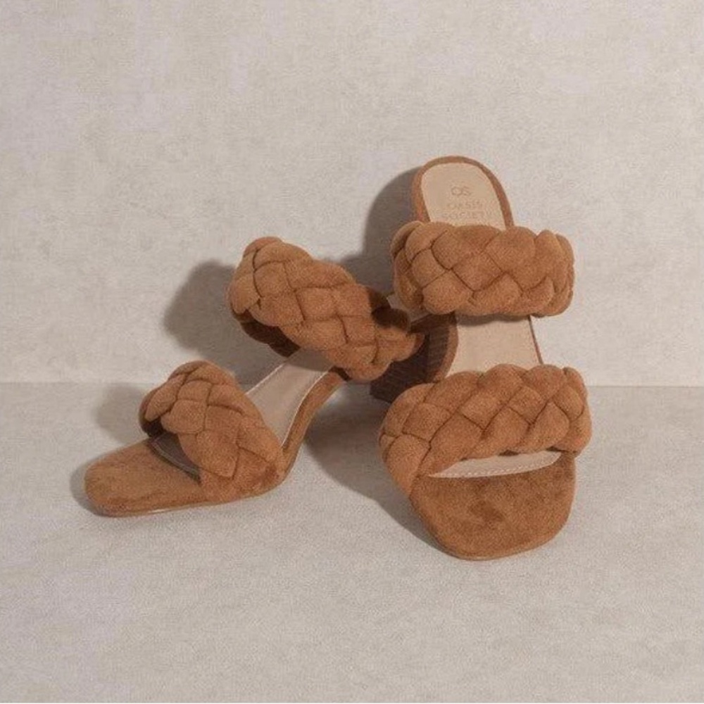 Oasis Society Camel Brown Heaven Braided Double Strap Block Heel
